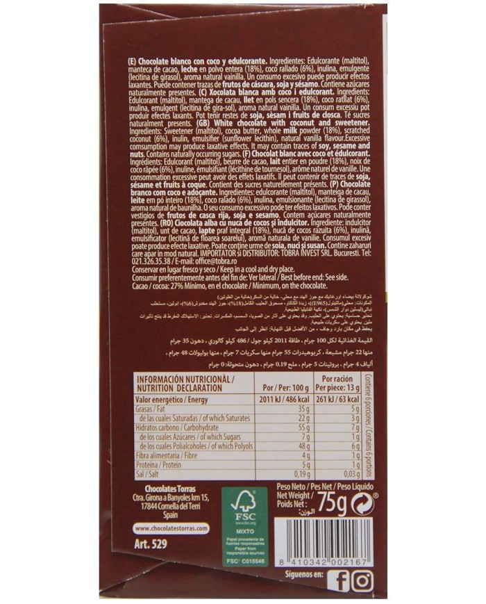 Chocolate Bar White With Coconut 75g Torras